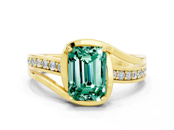 Yellow gold Emerald Cut Green Sapphire Solitaire Ring with Split Shank and Prong Setting