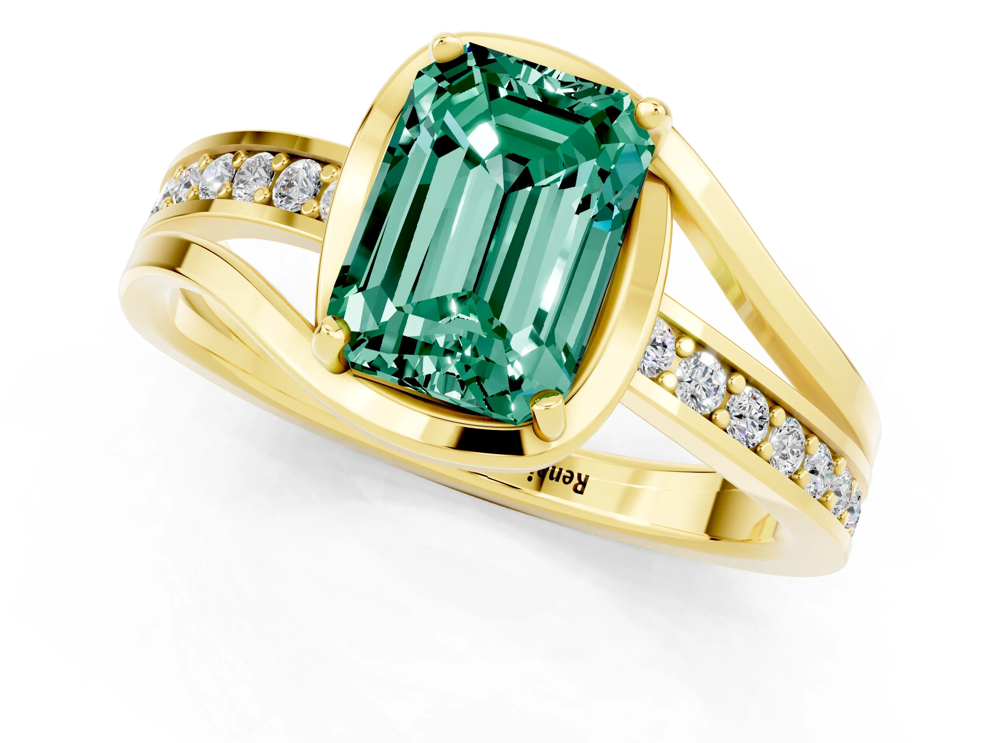 Yellow gold Emerald Cut Green Sapphire Solitaire Ring with Split Shank and Prong Setting_1