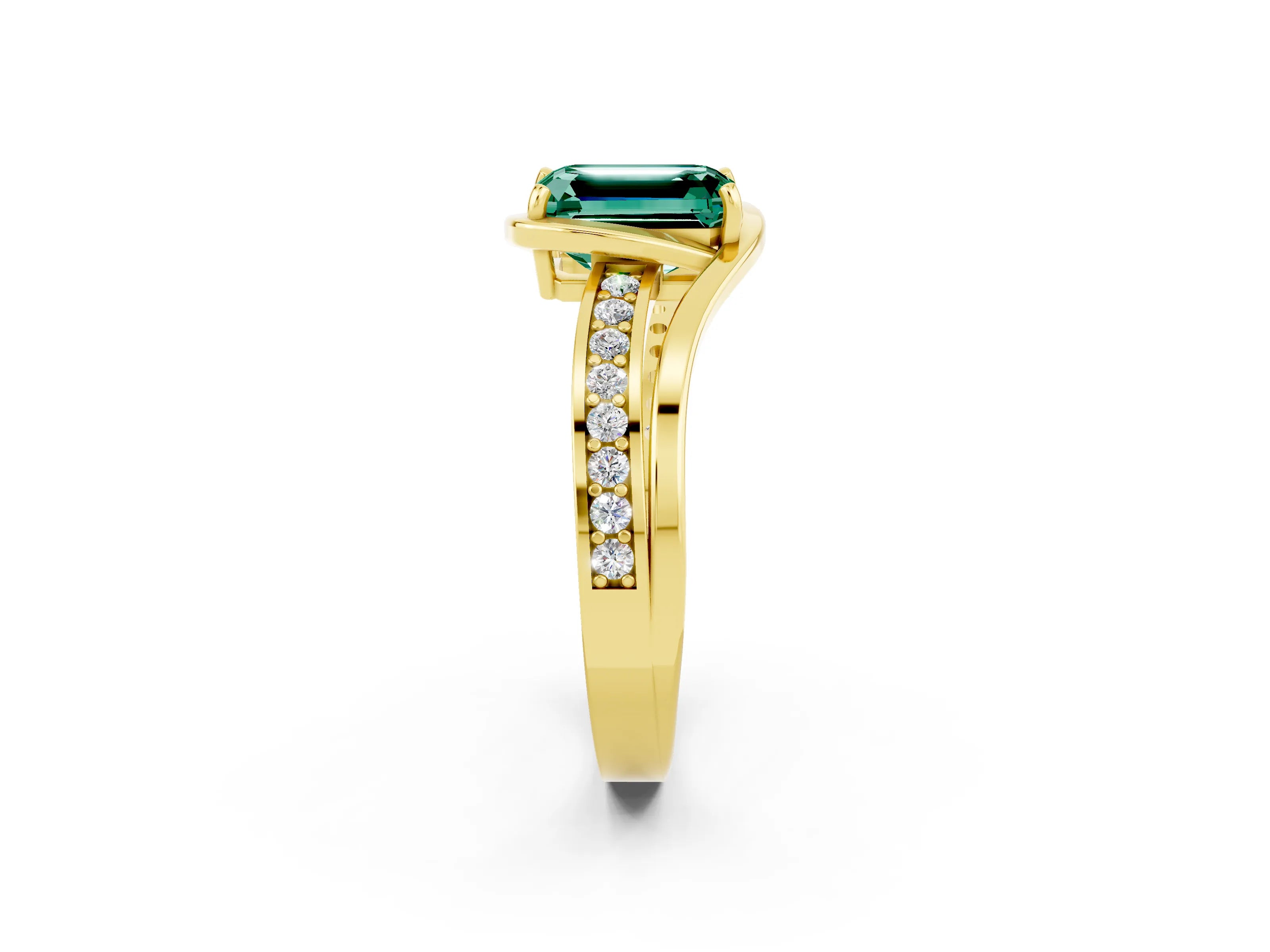 Yellow gold Emerald Cut Green Sapphire Solitaire Ring with Split Shank and Prong Setting_2