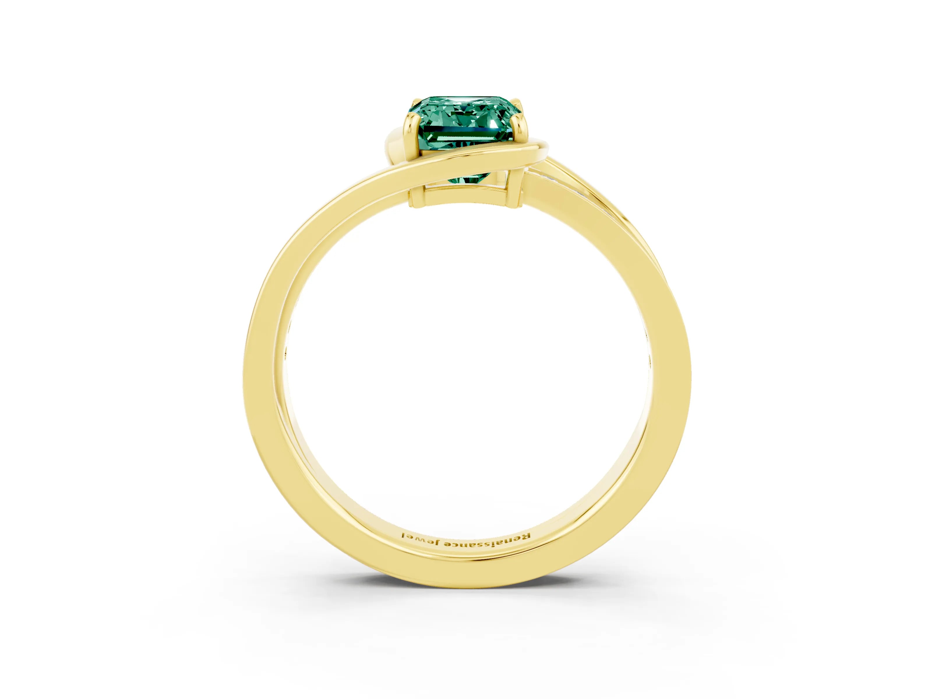 Yellow gold Emerald Cut Green Sapphire Solitaire Ring with Split Shank and Prong Setting_3