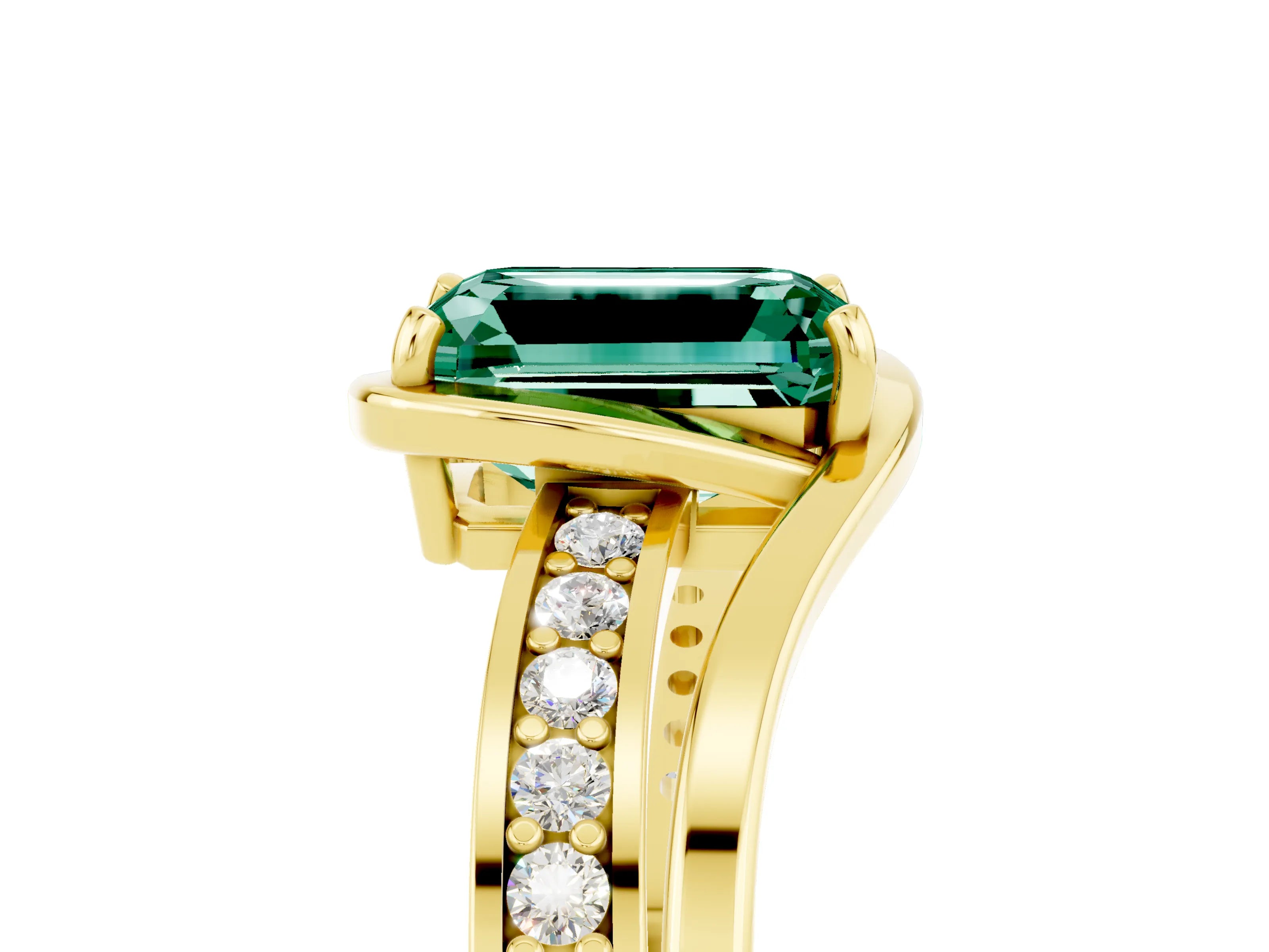 Yellow gold Emerald Cut Green Sapphire Solitaire Ring with Split Shank and Prong Setting_5
