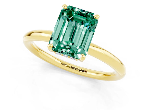 Yellow gold Emerald Cut Green Sapphire Solitaire Ring with Thin Band and Four-Prong Setting