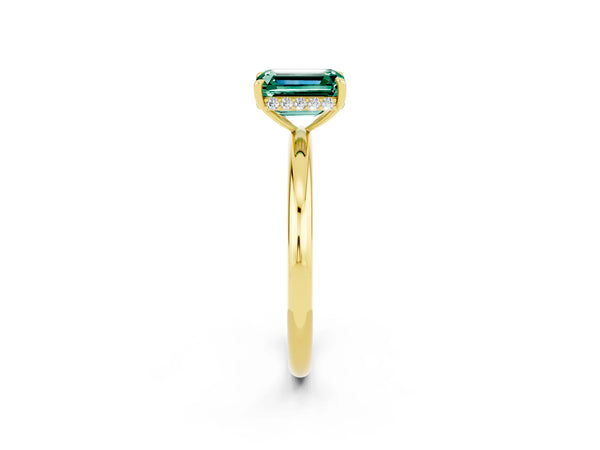 Yellow gold Emerald Cut Green Sapphire Solitaire Ring with Thin Band and Four-Prong Setting