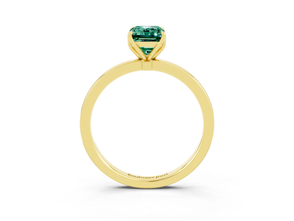 Yellow gold Emerald Cut Green Sapphire Solitaire Ring with Thin Band and Prong Setting