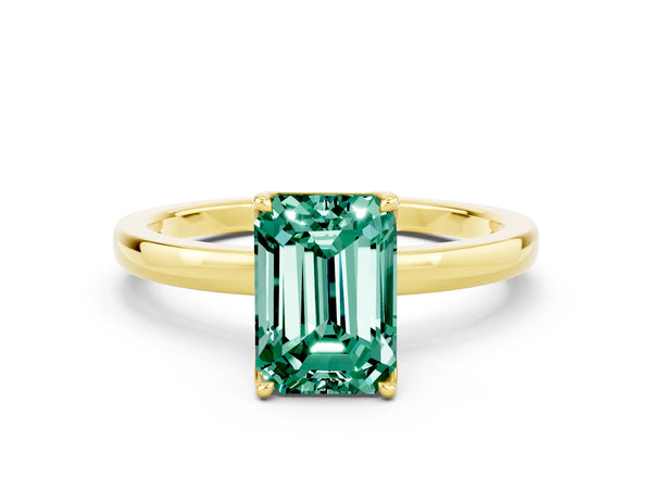 Yellow gold Emerald Cut Green Sapphire Solitaire Ring with Thin Band and Prong Setting