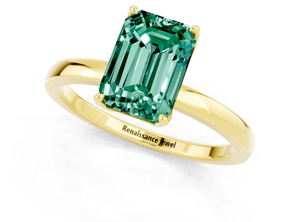 Yellow gold Emerald Cut Green Sapphire Solitaire Ring with Thin Band and Prong Setting