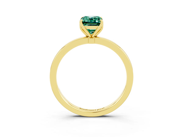Yellow gold Emerald Cut Green Sapphire Solitaire Ring with Thin Band and Prong Setting