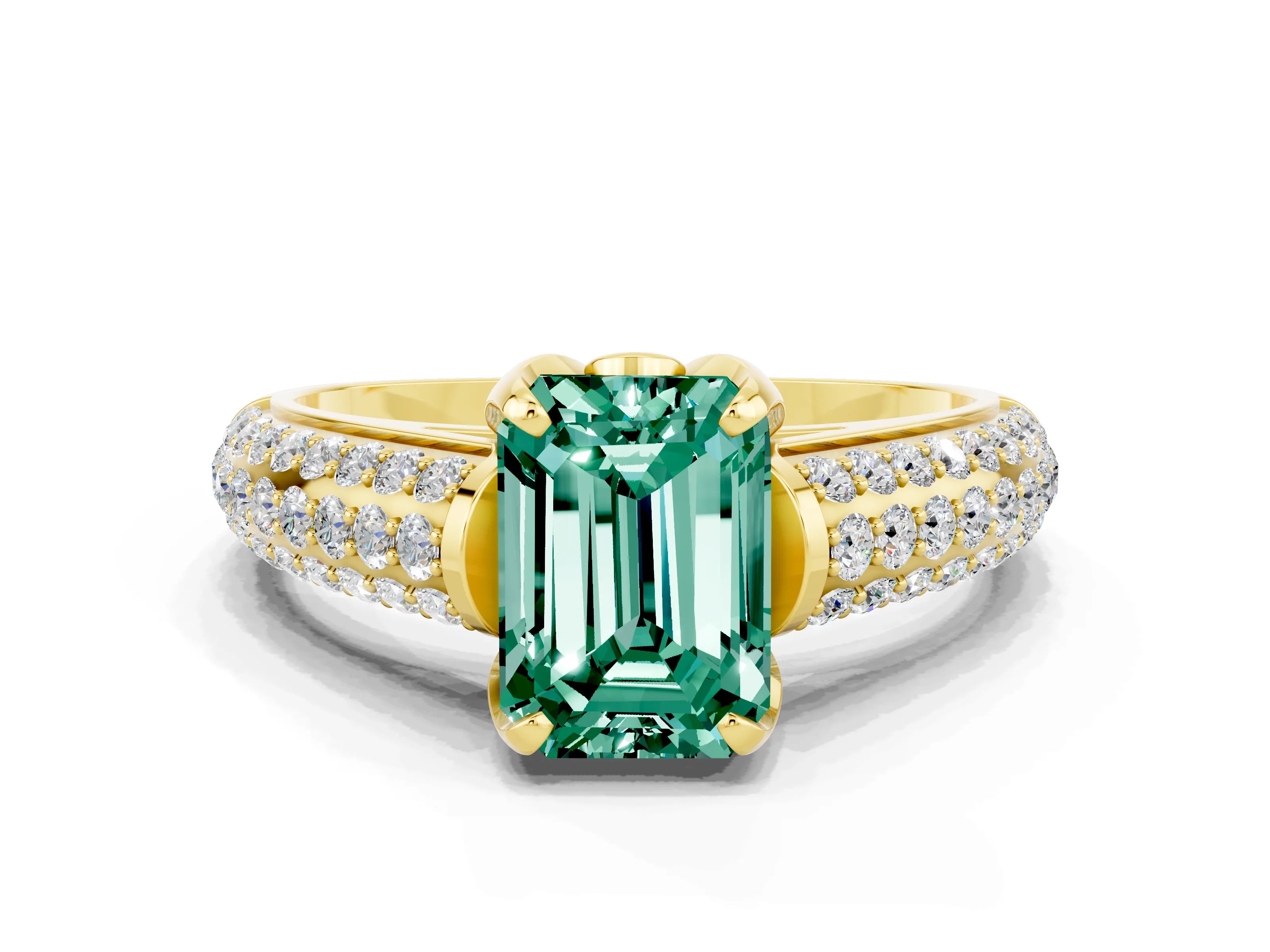 Yellow gold Emerald Cut Green Sapphire Solitaire Ring with Three-Row Pavé Band and Four-Prong Setting_12