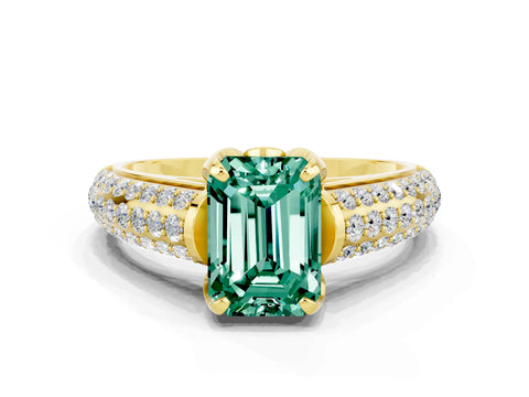 Yellow gold Emerald Cut Green Sapphire Solitaire Ring with Three-Row Pavé Band and Four-Prong Setting_12