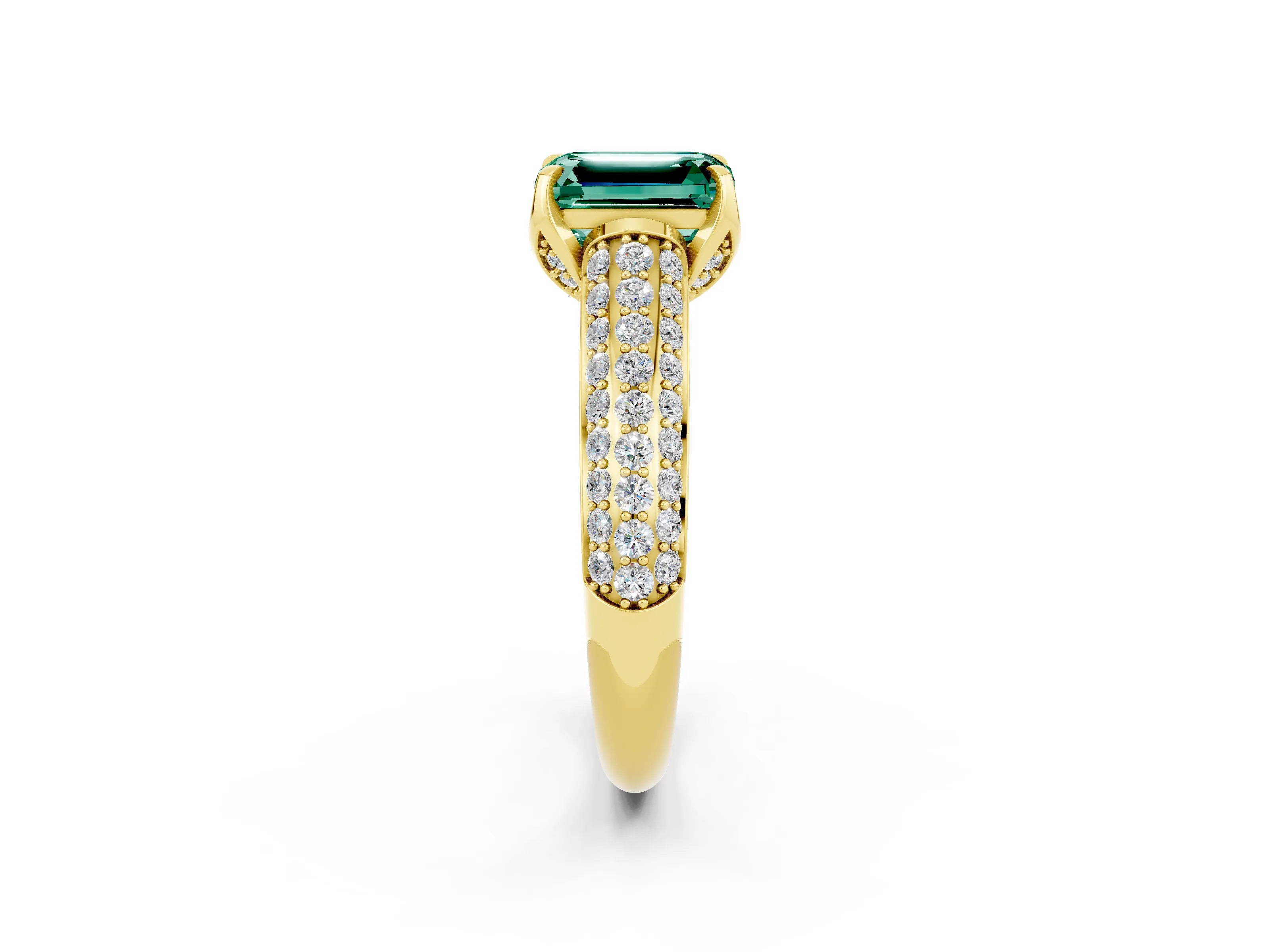 Yellow gold Emerald Cut Green Sapphire Solitaire Ring with Three-Row Pavé Band and Four-Prong Setting_14