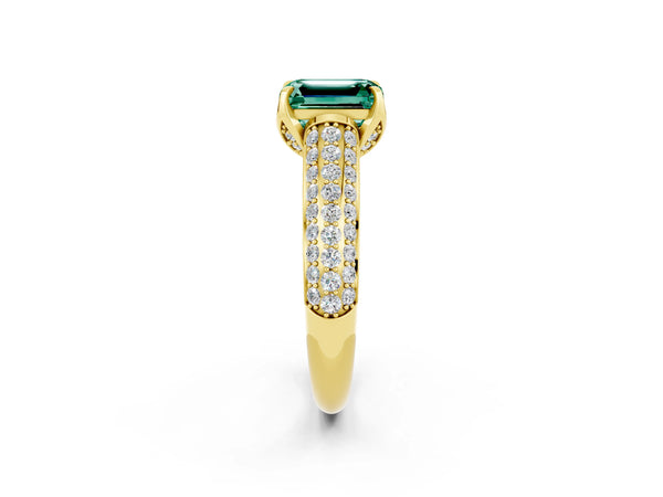 Yellow gold Emerald Cut Green Sapphire Solitaire Ring with Three-Row Pavé Band and Four-Prong Setting