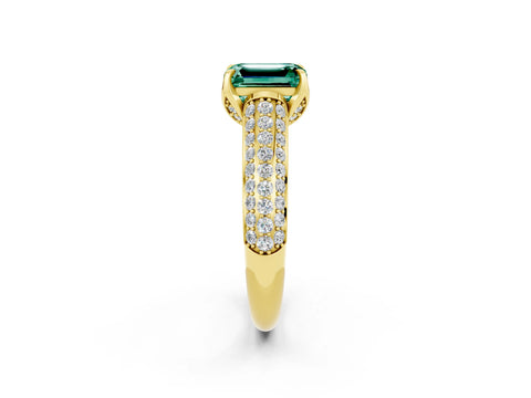 Yellow gold Emerald Cut Green Sapphire Solitaire Ring with Three-Row Pavé Band and Four-Prong Setting_14