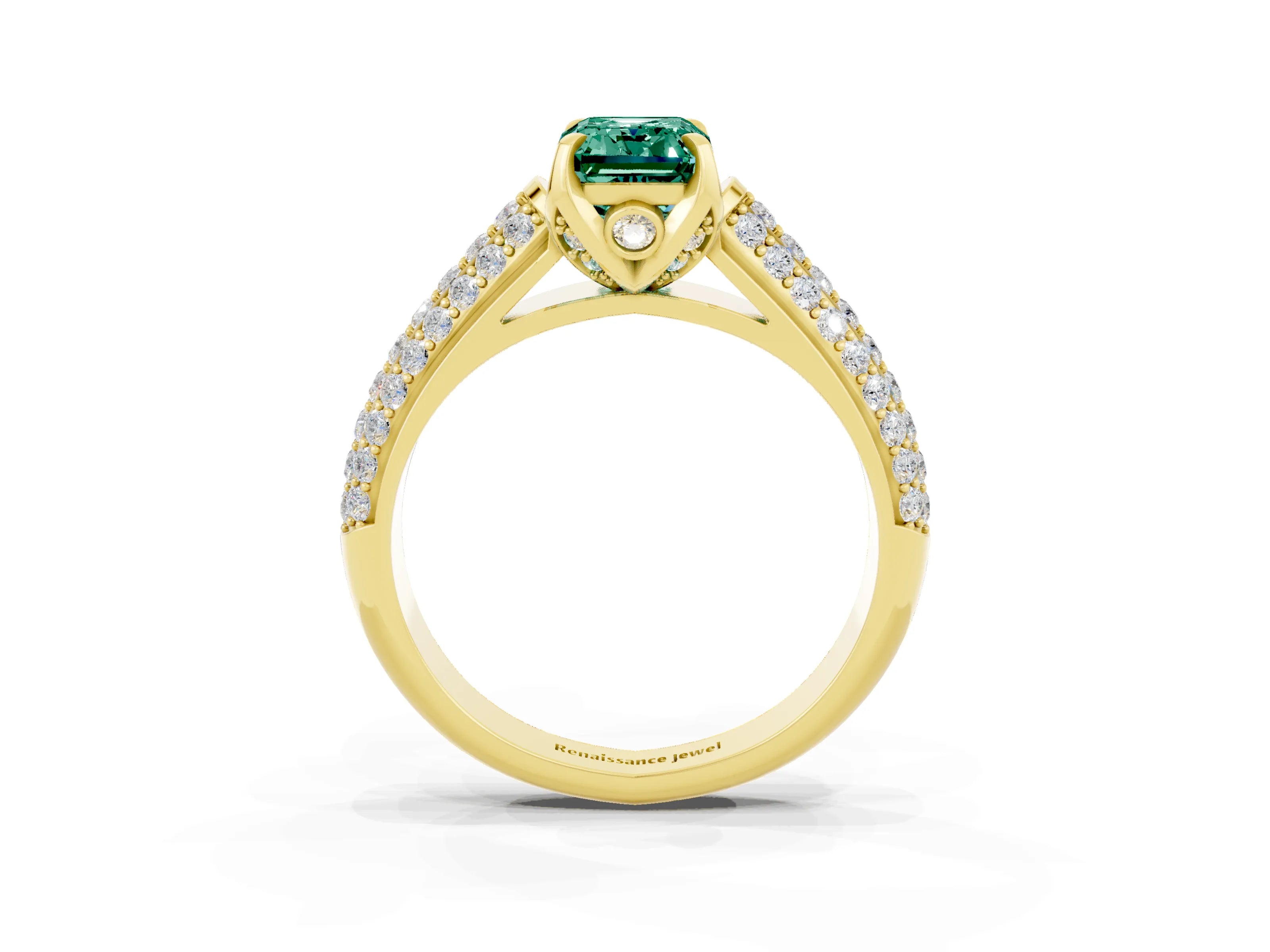 Yellow gold Emerald Cut Green Sapphire Solitaire Ring with Three-Row Pavé Band and Four-Prong Setting_15