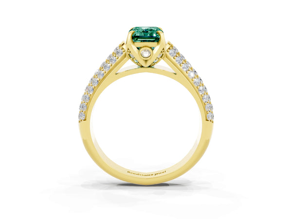 Yellow gold Emerald Cut Green Sapphire Solitaire Ring with Three-Row Pavé Band and Four-Prong Setting