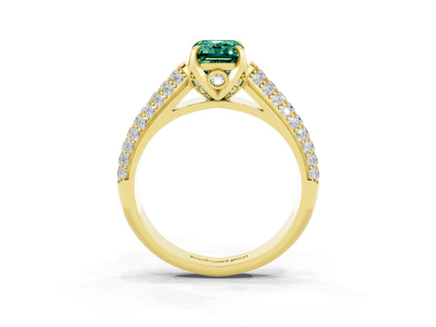 Yellow gold Emerald Cut Green Sapphire Solitaire Ring with Three-Row Pavé Band and Four-Prong Setting_15
