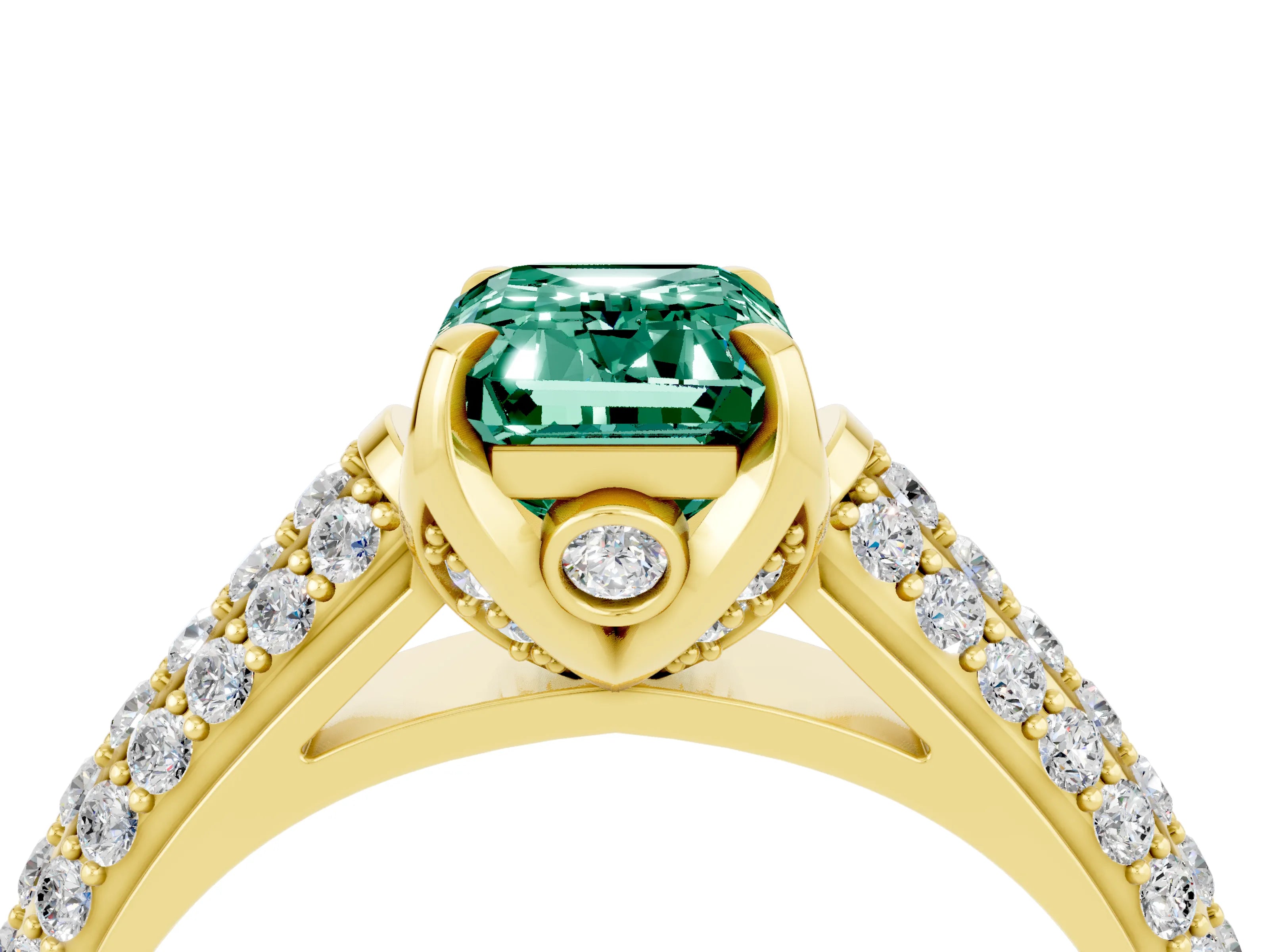 Yellow gold Emerald Cut Green Sapphire Solitaire Ring with Three-Row Pavé Band and Four-Prong Setting_16