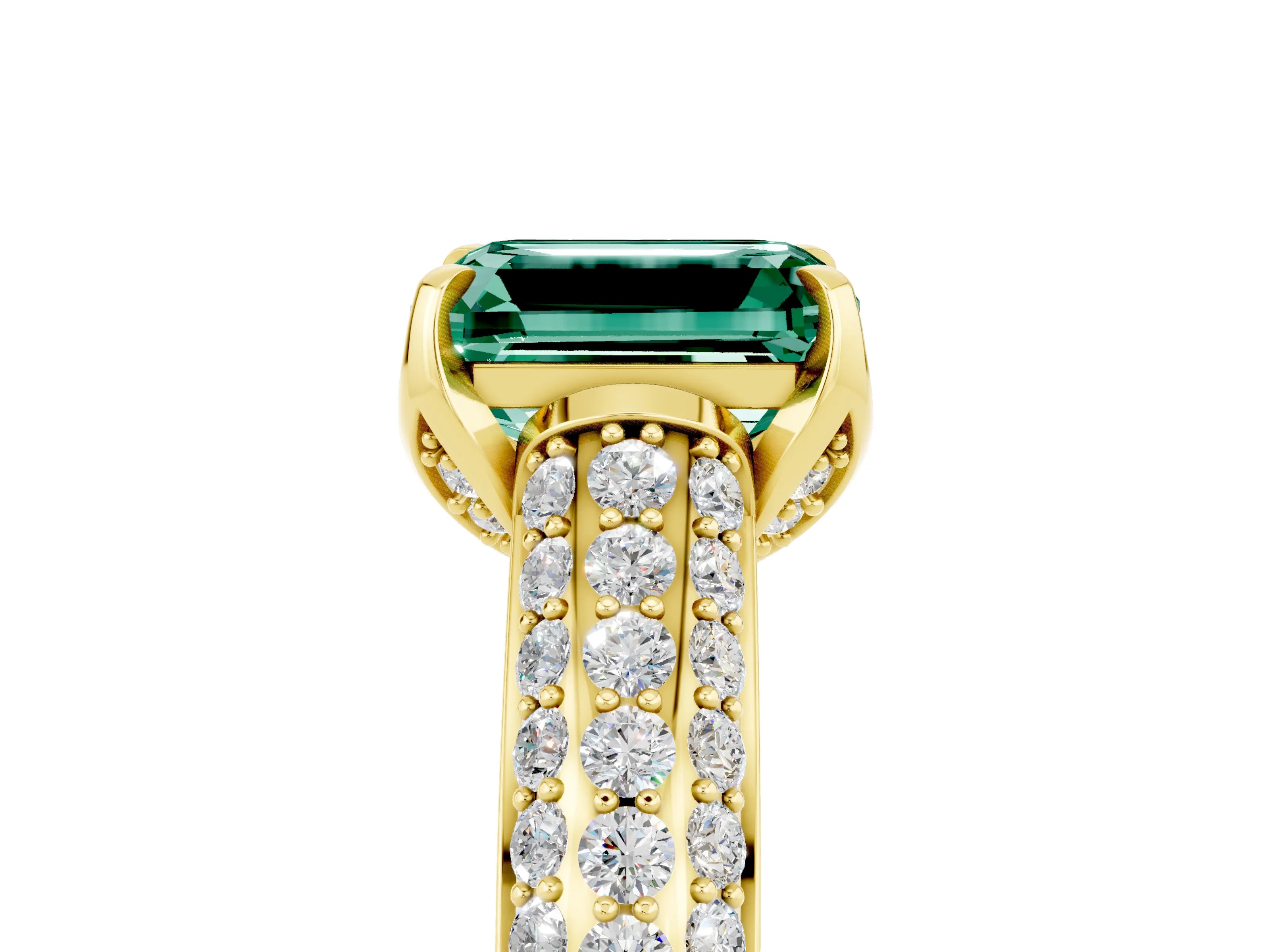 Yellow gold Emerald Cut Green Sapphire Solitaire Ring with Three-Row Pavé Band and Four-Prong Setting_17