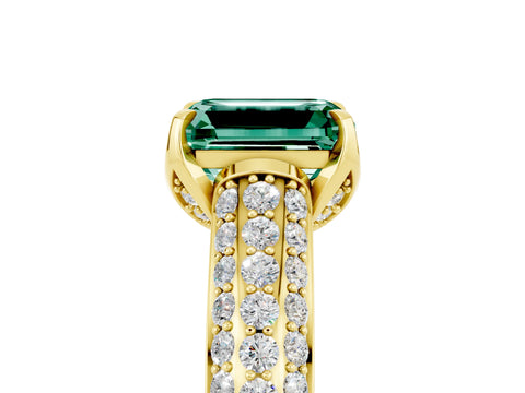 Yellow gold Emerald Cut Green Sapphire Solitaire Ring with Three-Row Pavé Band and Four-Prong Setting_17