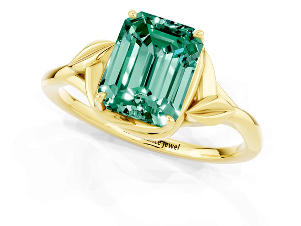 Yellow gold Emerald Cut Green Sapphire Solitaire Ring with Twist Band and Four-Prong Setting