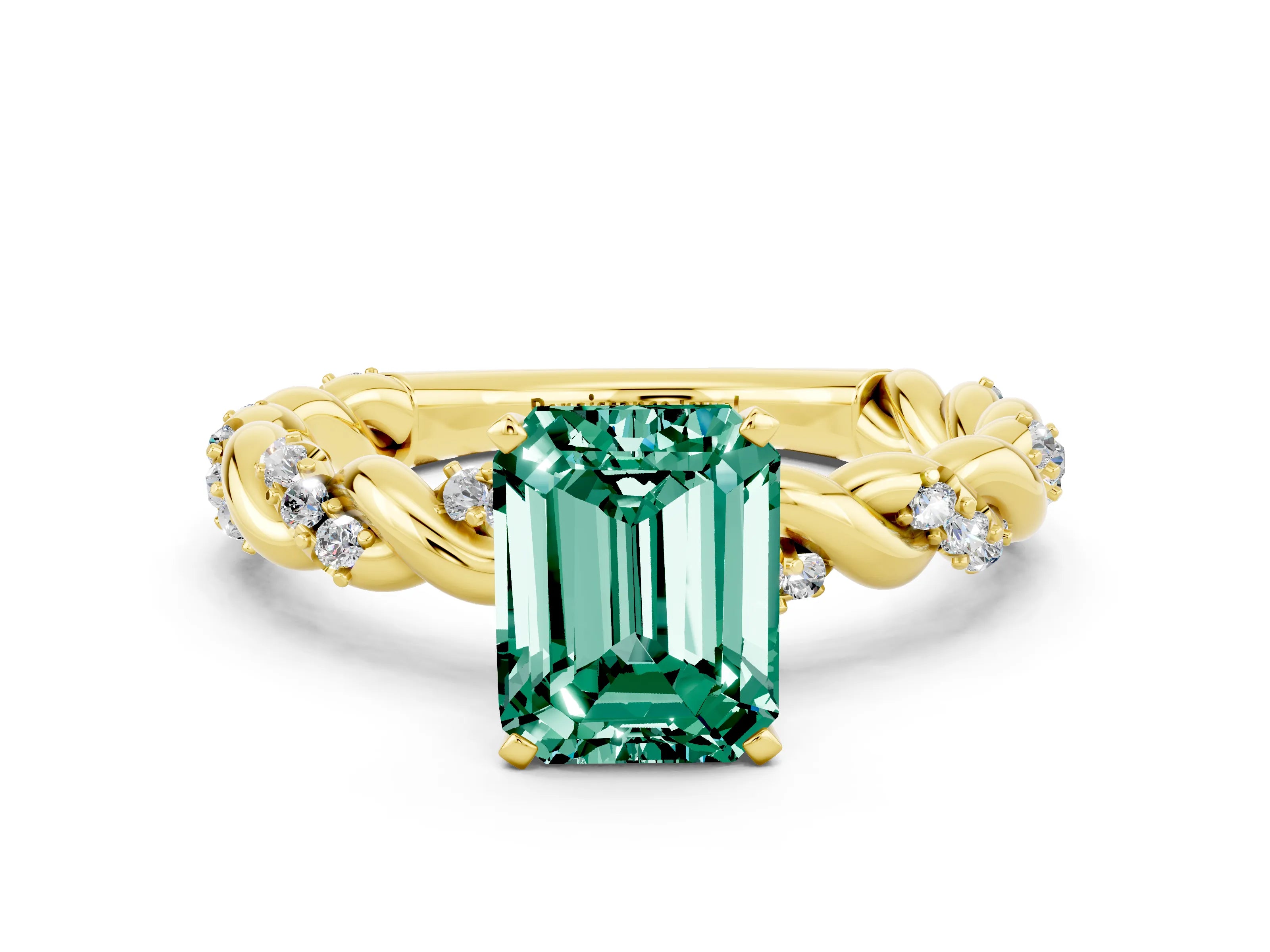 Yellow gold Emerald Cut Green Sapphire Solitaire Ring with Twisted Band and Pavé Accents