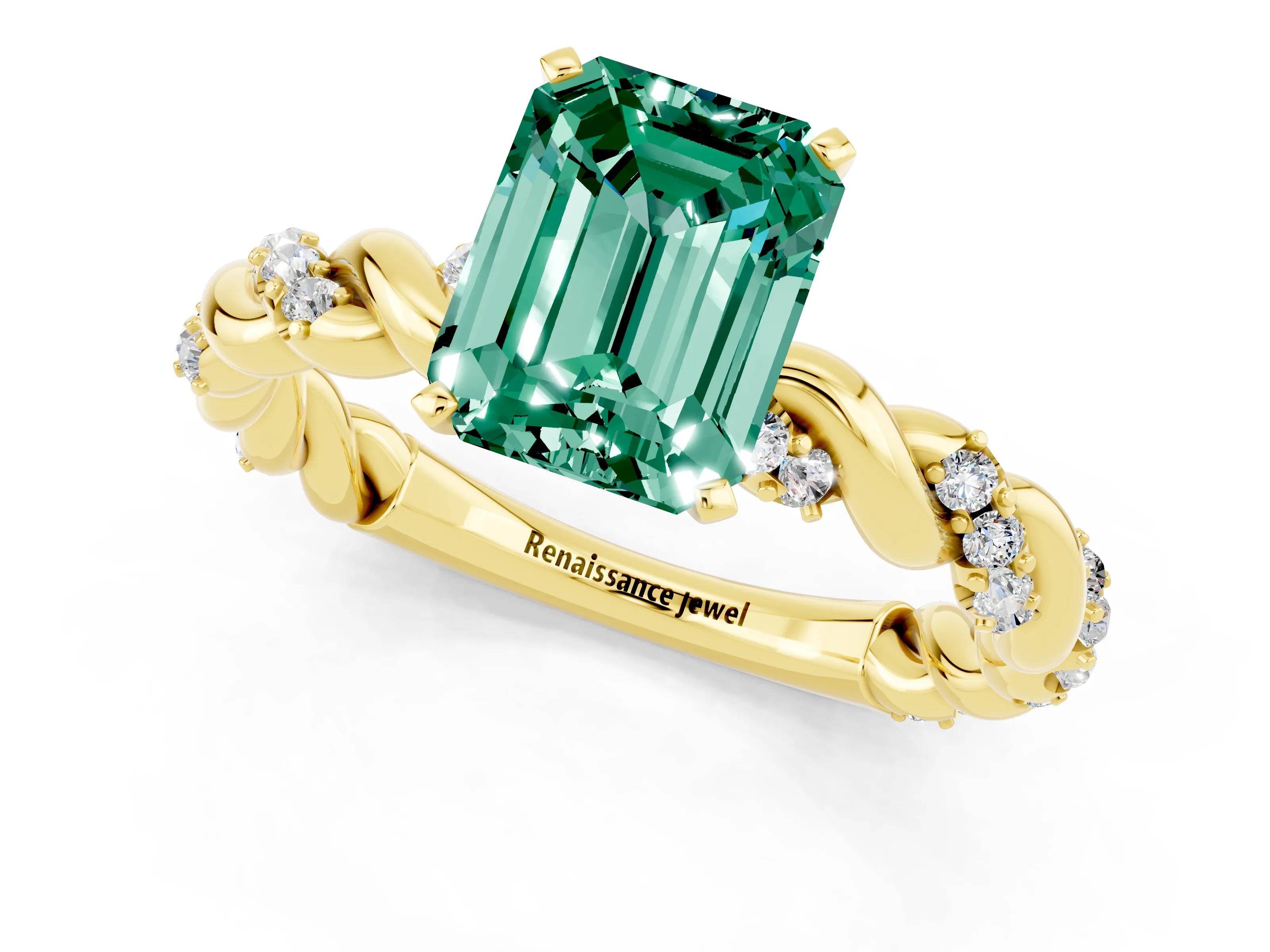 Yellow gold Emerald Cut Green Sapphire Solitaire Ring with Twisted Band and Pavé Accents_1