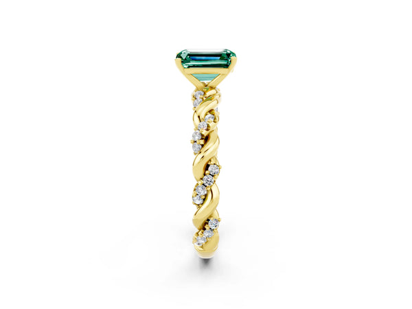 Yellow gold Emerald Cut Green Sapphire Solitaire Ring with Twisted Band and Pavé Accents