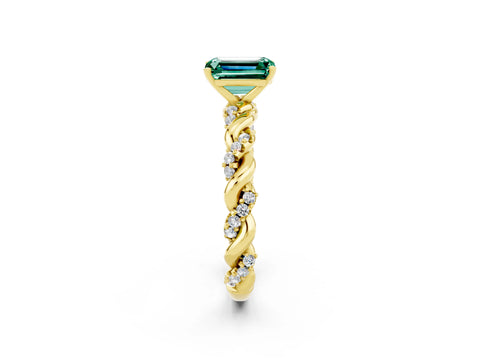 Yellow gold Emerald Cut Green Sapphire Solitaire Ring with Twisted Band and Pavé Accents_2