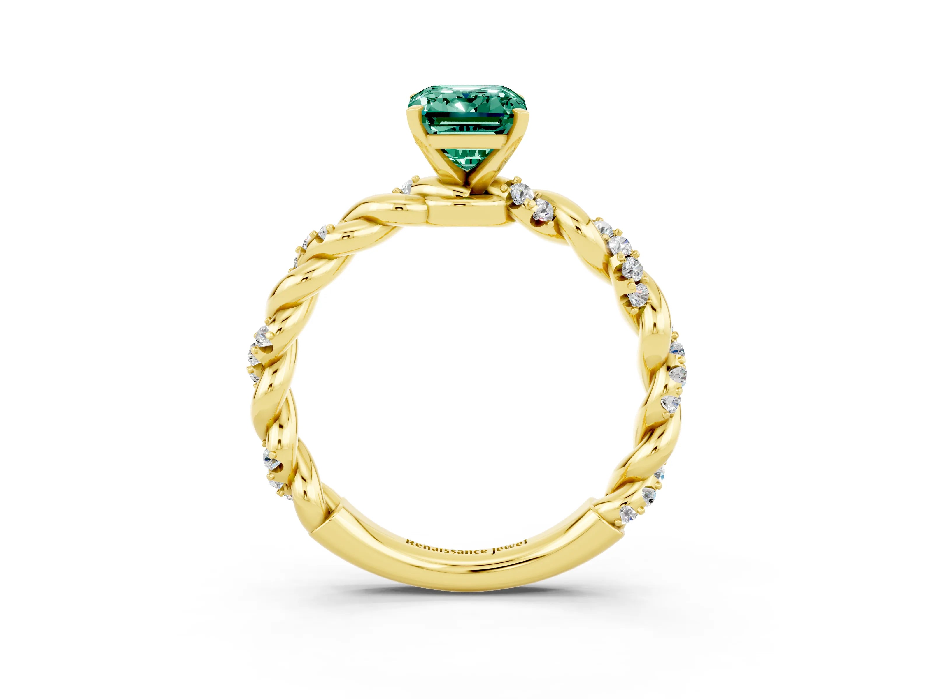 Yellow gold Emerald Cut Green Sapphire Solitaire Ring with Twisted Band and Pavé Accents_3