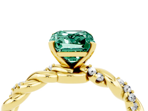 Yellow gold Emerald Cut Green Sapphire Solitaire Ring with Twisted Band and Pavé Accents_4