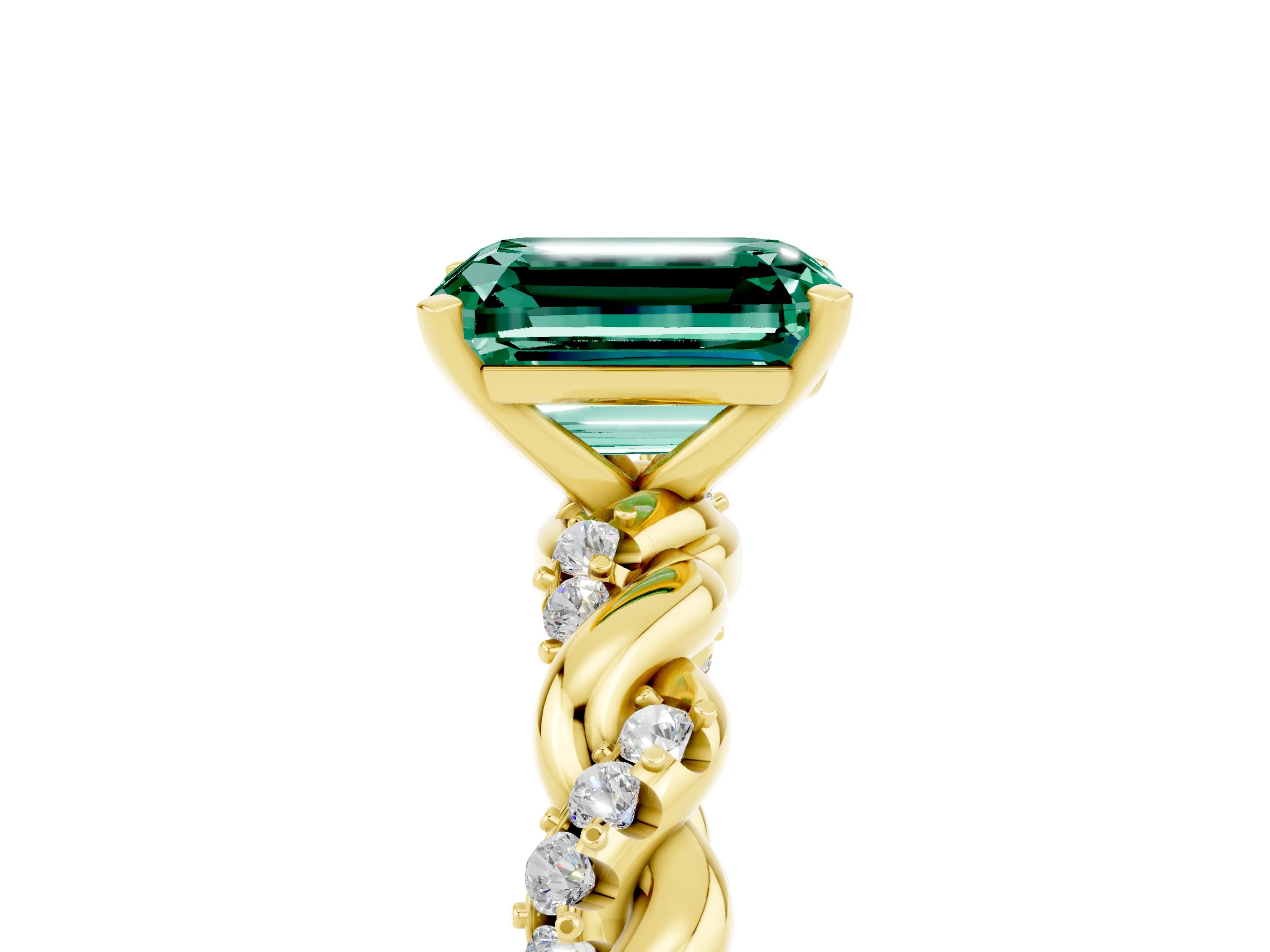 Yellow gold Emerald Cut Green Sapphire Solitaire Ring with Twisted Band and Pavé Accents_5