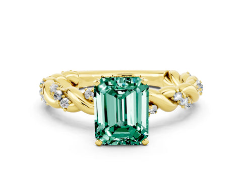 Yellow gold Emerald Cut Green Sapphire Solitaire Ring with Twisted Band and Pavé Accents