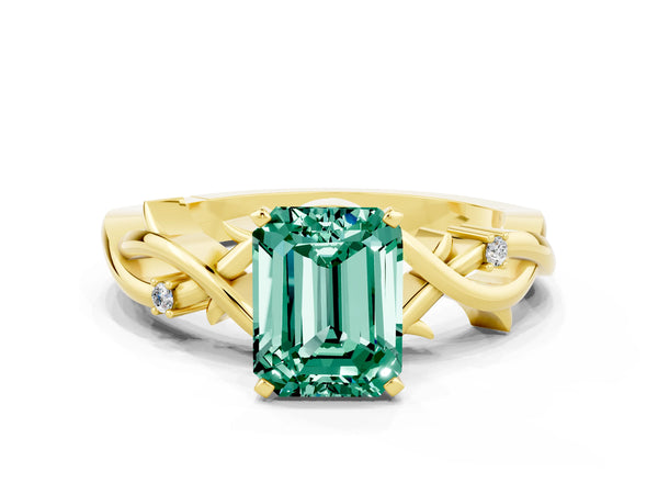 Yellow gold Emerald Cut Green Sapphire Solitaire Ring with Twisted Band and Prong Setting