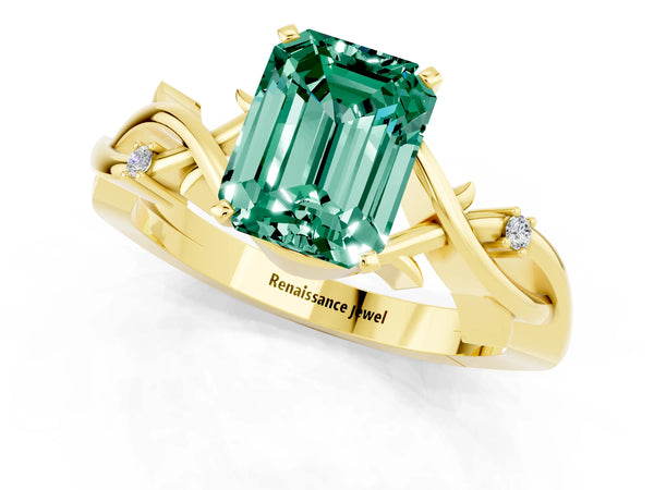 Yellow gold Emerald Cut Green Sapphire Solitaire Ring with Twisted Band and Prong Setting