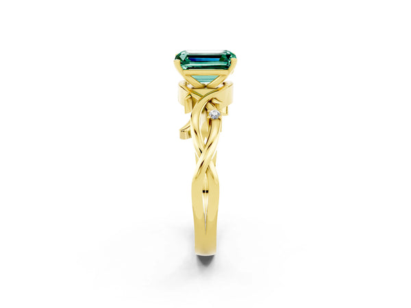 Yellow gold Emerald Cut Green Sapphire Solitaire Ring with Twisted Band and Prong Setting