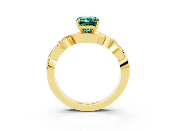 Yellow gold Emerald Cut Green Sapphire Solitaire Ring with Twisted Band and Prong Setting