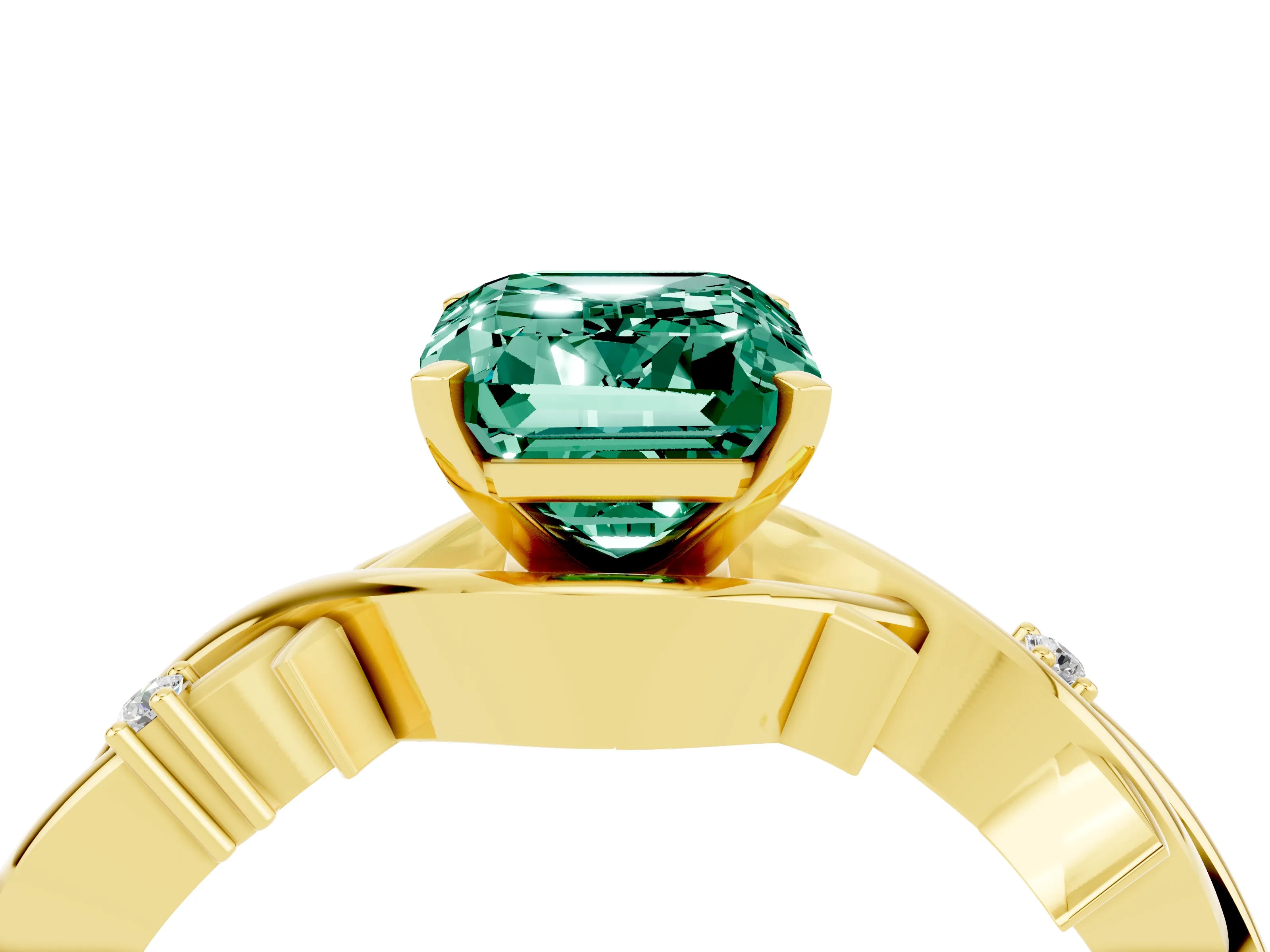 Yellow gold Emerald Cut Green Sapphire Solitaire Ring with Twisted Band and Prong Setting_4