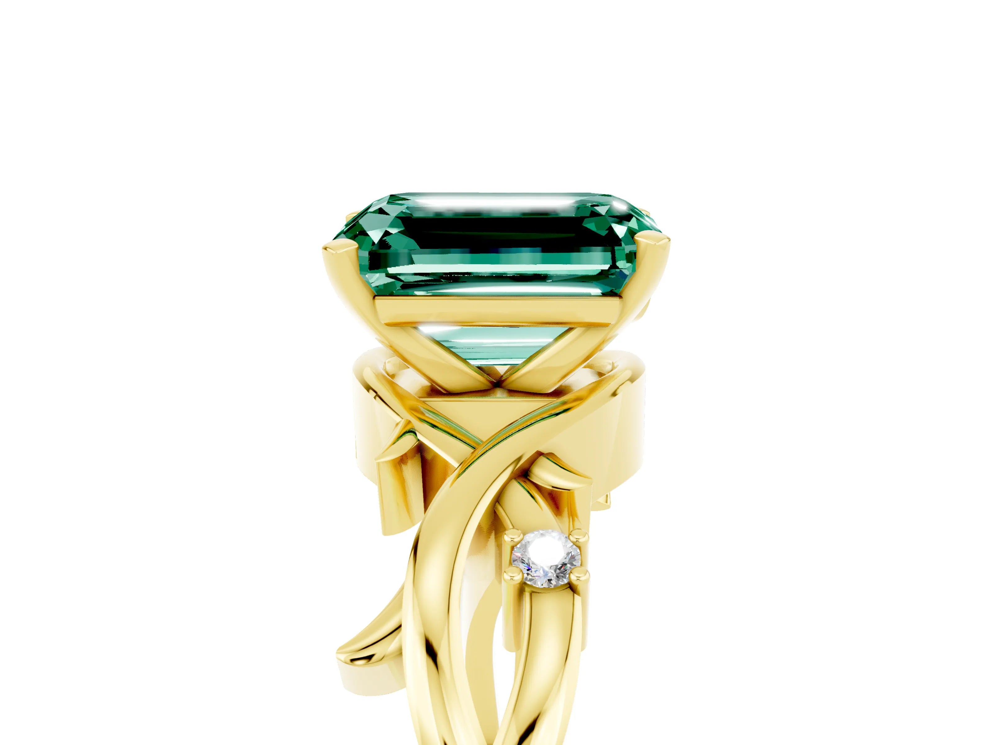 Yellow gold Emerald Cut Green Sapphire Solitaire Ring with Twisted Band and Prong Setting_5