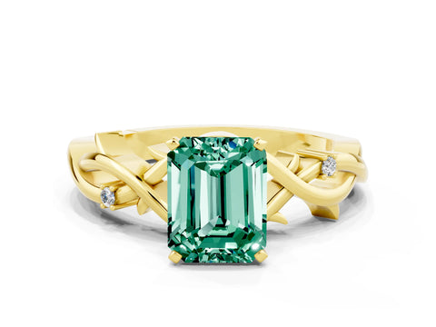 Yellow gold Emerald Cut Green Sapphire Solitaire Ring with Twisted Band and Prong Setting