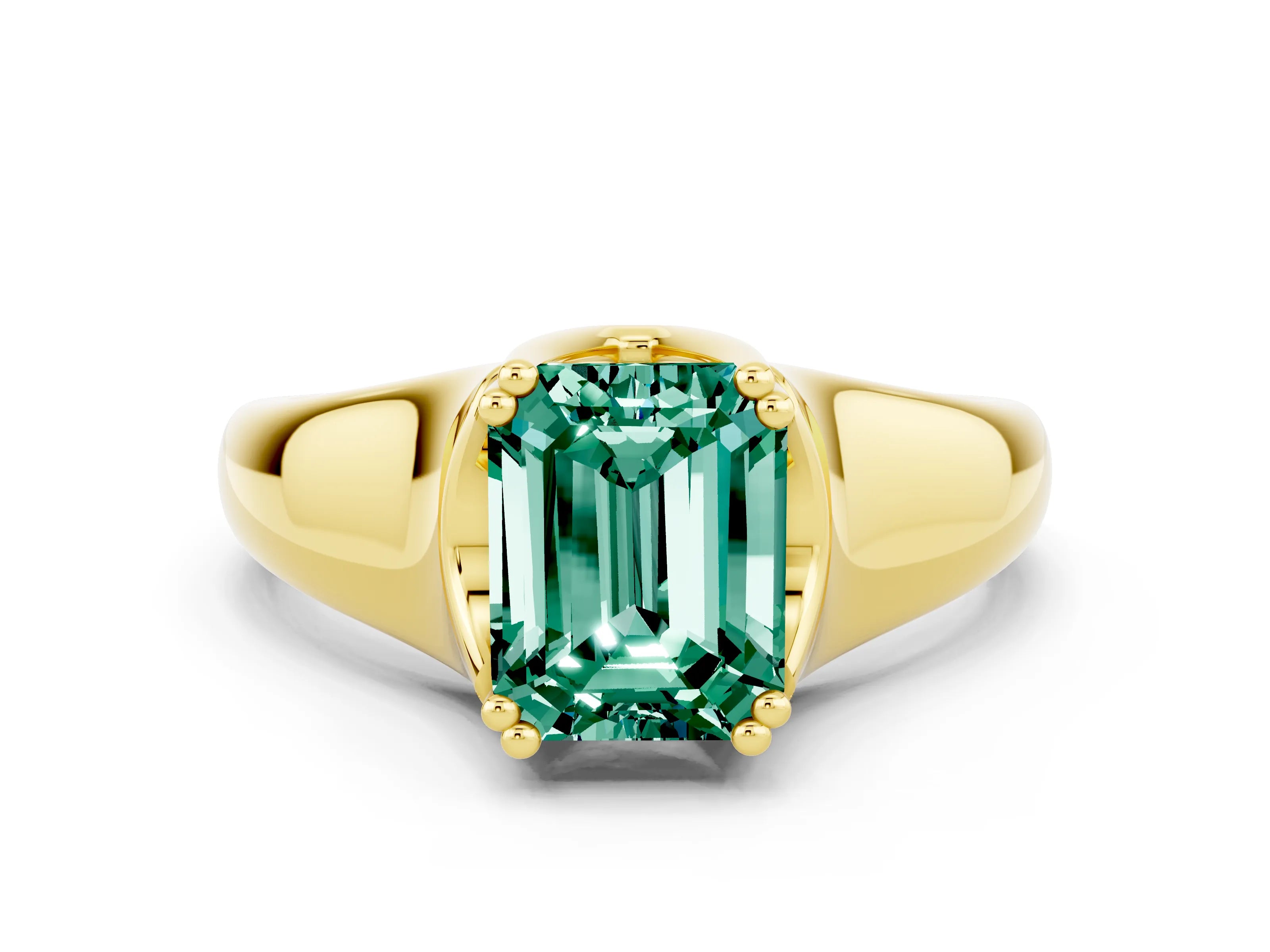 Yellow gold Emerald Cut Green Sapphire Solitaire Ring with Wide Band and Prong Setting