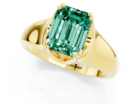 Yellow gold Emerald Cut Green Sapphire Solitaire Ring with Wide Band and Prong Setting_1