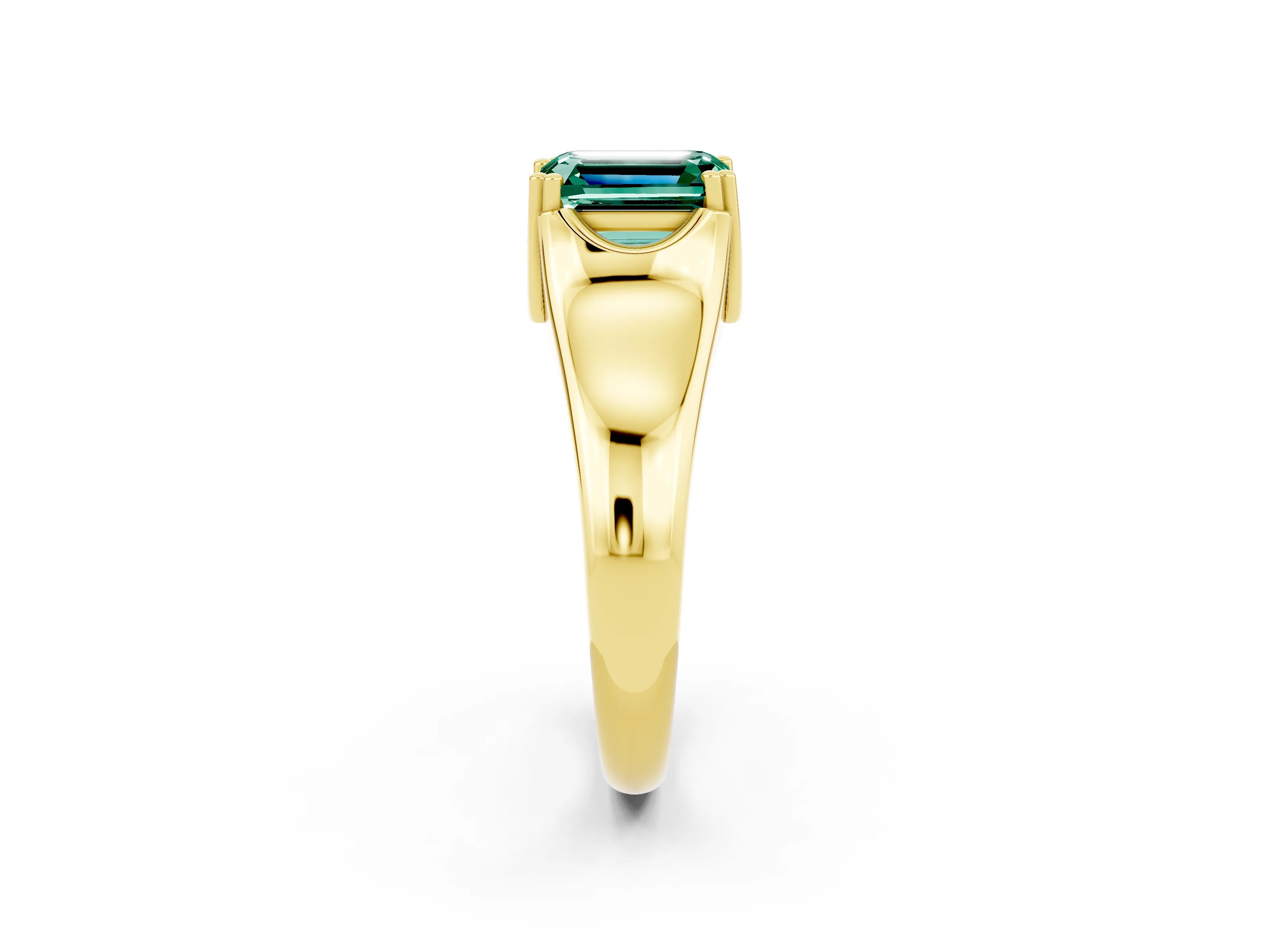 Yellow gold Emerald Cut Green Sapphire Solitaire Ring with Wide Band and Prong Setting_2