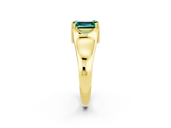 Yellow gold Emerald Cut Green Sapphire Solitaire Ring with Wide Band and Prong Setting