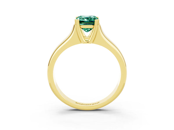 Yellow gold Emerald Cut Green Sapphire Solitaire Ring with Wide Band and Prong Setting