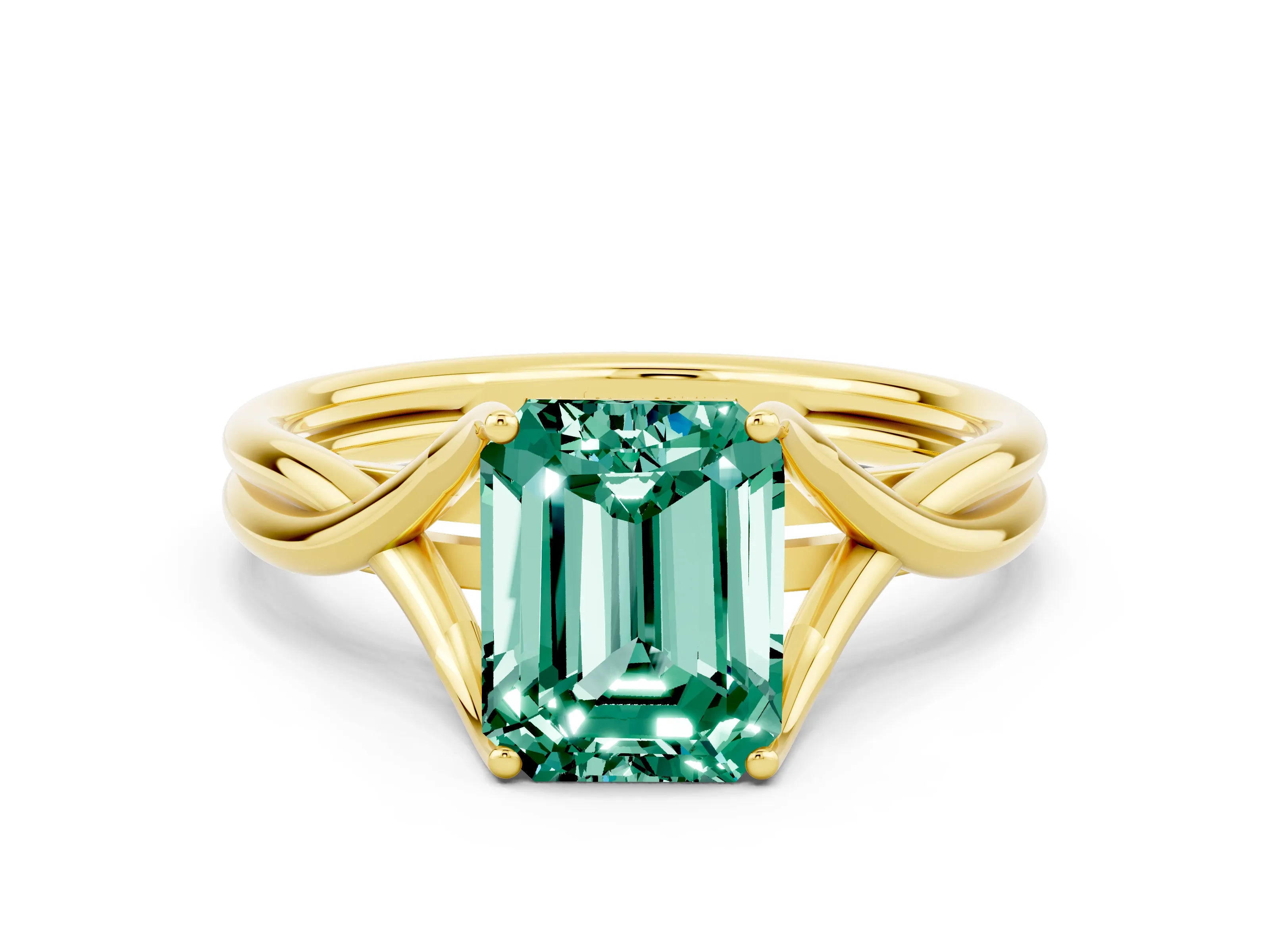 Yellow gold Emerald Cut Green Sapphire Solitaire Twist Band Prong Setting Ring_48