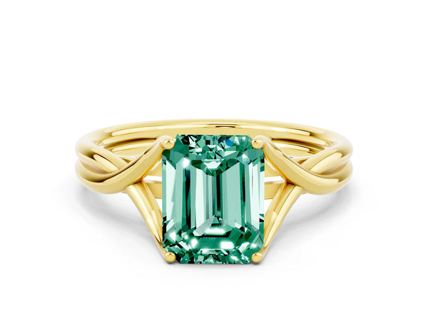 Yellow gold Emerald Cut Green Sapphire Solitaire Twist Band Prong Setting Ring