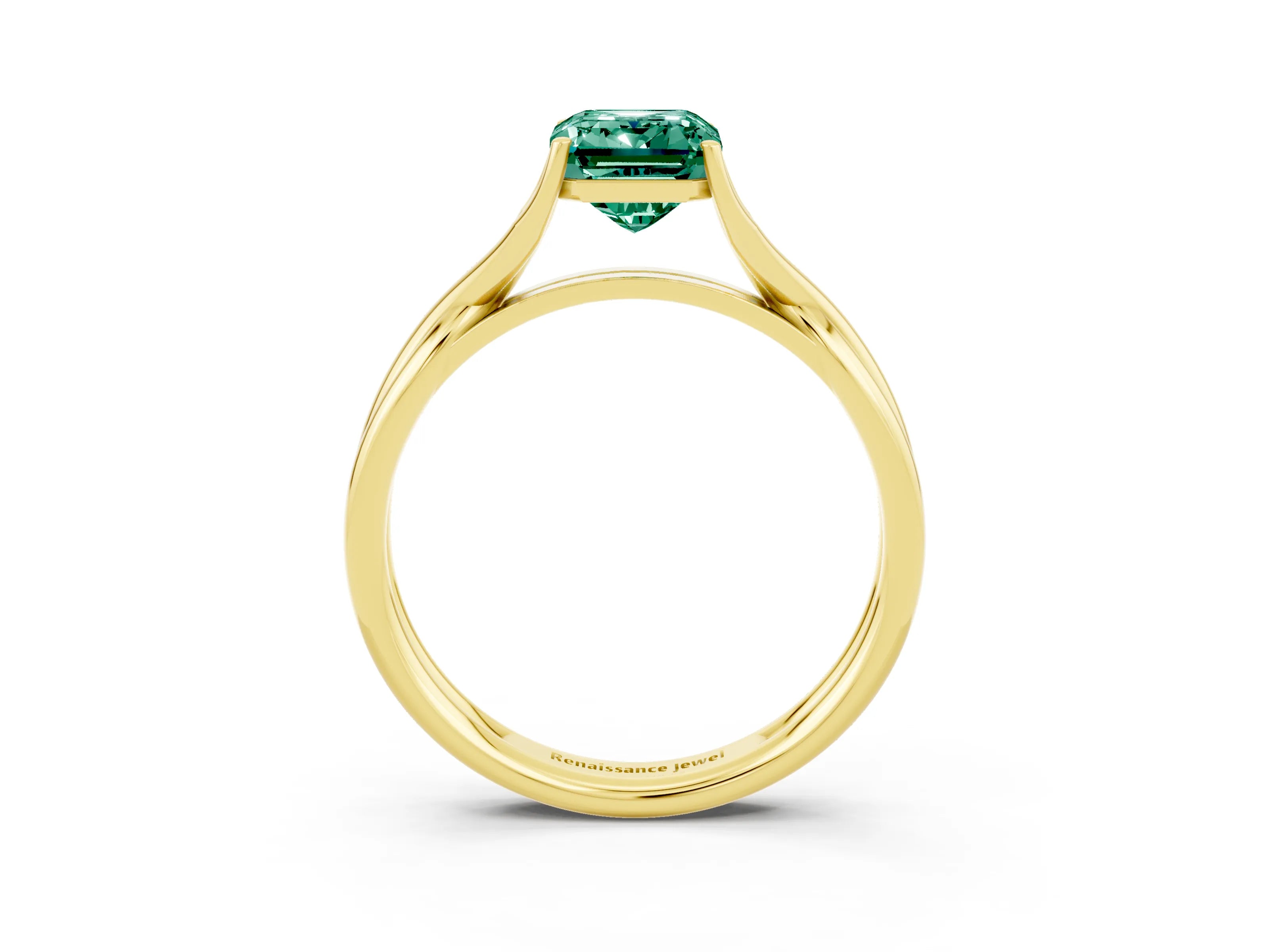 Yellow gold Emerald Cut Green Sapphire Solitaire Twist Band Prong Setting Ring_51