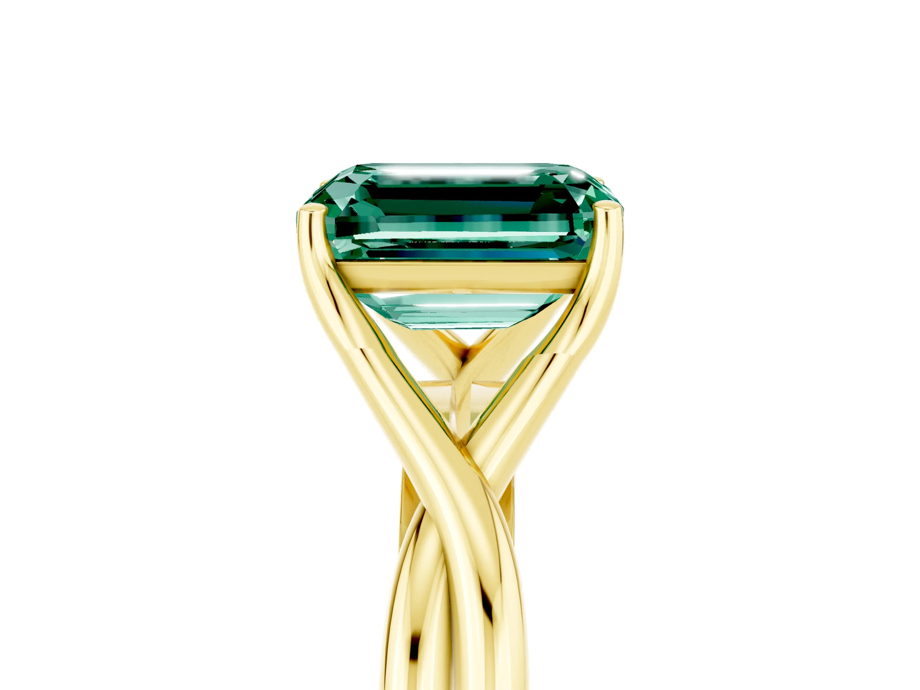 Yellow gold Emerald Cut Green Sapphire Solitaire Twist Band Prong Setting Ring_53