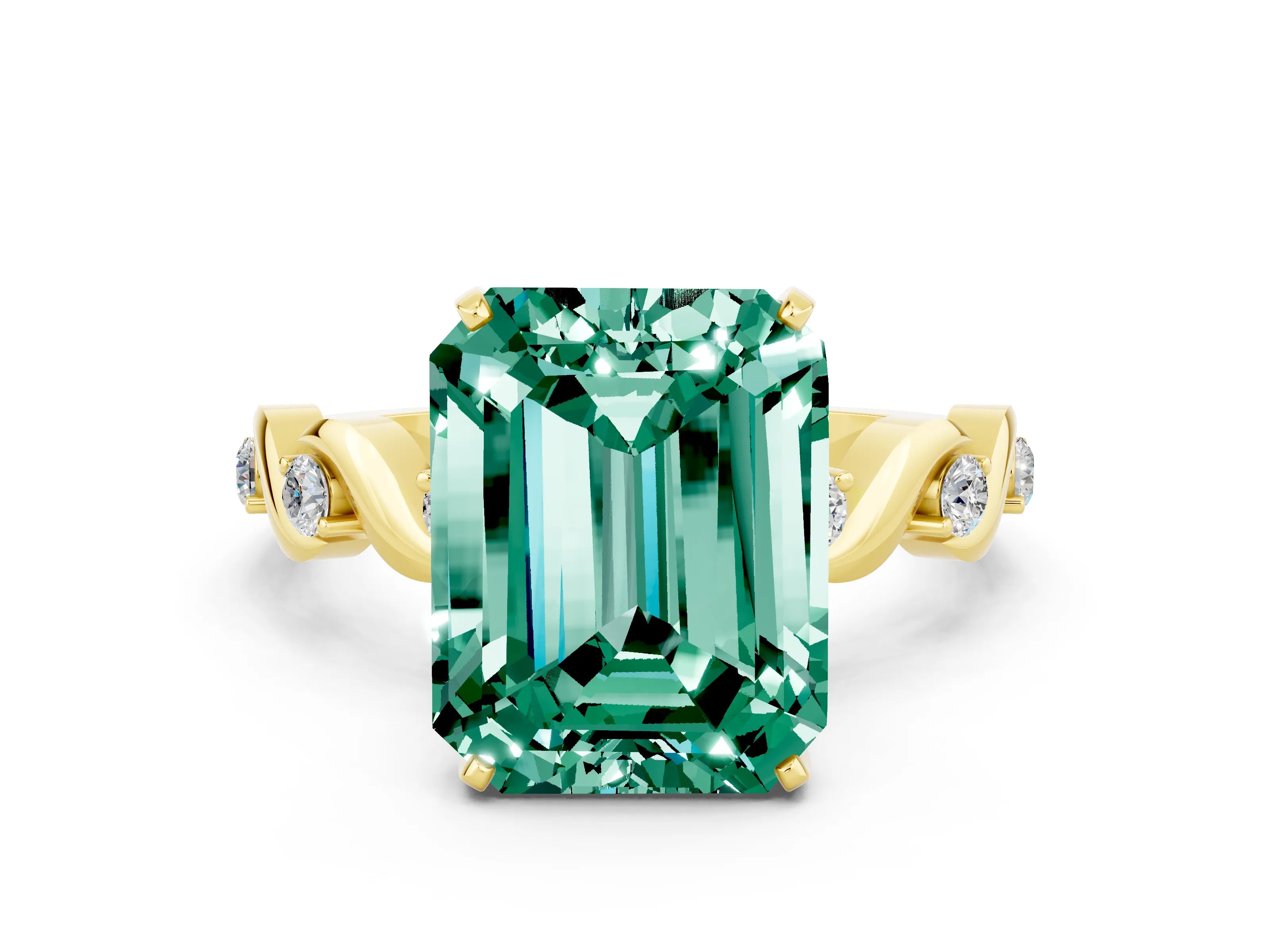 Yellow gold Emerald Cut Green Sapphire Solitaire Twisted Band with Round  Accents and Prong Setting_12