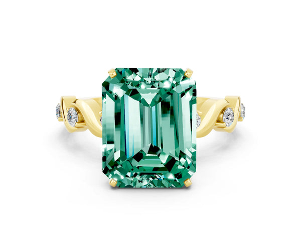 Yellow gold Emerald Cut Green Sapphire Solitaire Twisted Band with Round  Accents and Prong Setting