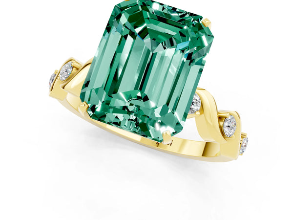 Yellow gold Emerald Cut Green Sapphire Solitaire Twisted Band with Round  Accents and Prong Setting
